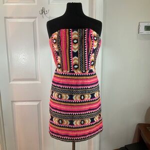 Alice & Trixie Embroidered Neon Pink Aztec Strapless Mini Dress Size XS